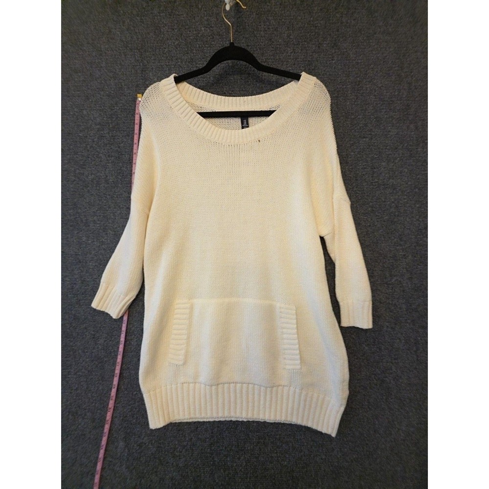 Gap Sweater Tunic Womens M White 3/4 Sleeve Pockets Boat Neck Chunky Knit
